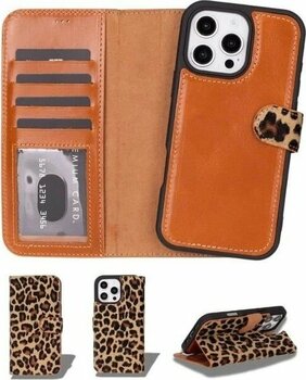 Apple iPhone 16 Pro Uyumlu, Hakiki Deri, El Yapımı, Cüzdanlı Kılıf, Leopar