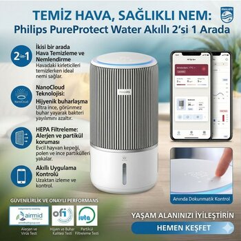 Philips 2'si 1 Arada Akıllı Hava Temizleme ve Ortam Nemlendirici Makinesi Çift Sensörlü Evcil Hayvan Tüyü Polen Giderici Geniş Alan Etkili Filtre Seti