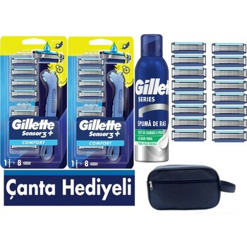 Gillette Sensor3 Plus Comfort 2 Makine +16 Adet Yedek Tıraş Bıçağı+ 200 ml Köpük+Çanta