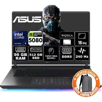 Asus Rog Strix G16 Intel Core Ultra 9 275HX 96GB 512GB SSD RTX5080 16GB 175W Freedos 16" 240Hz Wqxga Taşınabilir Bilgisayar G615LW-S5185-A31 - 512 GB