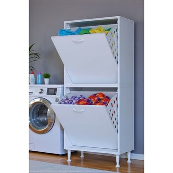 Eliusta Veluna 55 cm Kirli Çamaşır Sepetli Dolap Banyo Dolabı Beyaz 55X173X32,5 cm 2 Sepetli Dolap