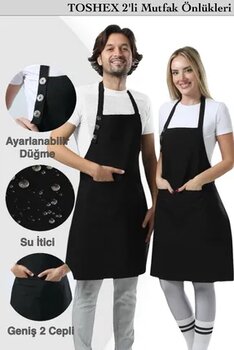 TOSHEX 2'li Mutfak Önlüğü Su Geçirmez Şef Önlüğü 2 Geniş Cepli Barista Önlüğü Mutfak Önlük Siyah Önlük