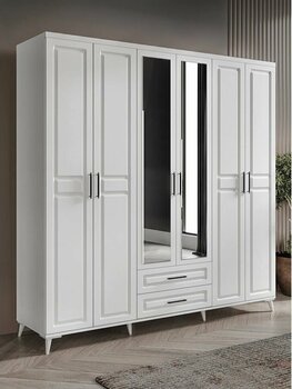 GuneyStore Gözde 6 Kapaklı Aynalı Komple MDF Beyaz Gardırop