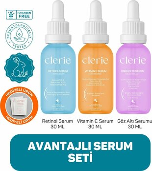 Clerie Cosmetics 3’lü Serum Seti (Avantajlı Paket) – Retinol, C Vitamini & Göz Altı Serumu – Leke & Morluk Karşıtı