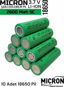 Micron 18650 3.7V (Volt) 2600 MaH(Amper) 5C Lityum Şarj edilebilir 10 Adet Pil(Batarya)