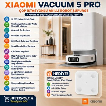 Xiaomi Vacuum 5 Pro  Akıllı Robot Süpürge + Xiaomi Mi  S400  Akıllı Bluetooth Baskül Hediye - Beyaz