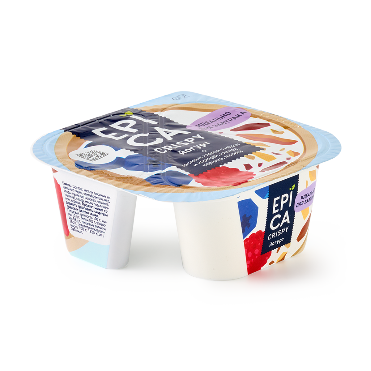 Изображение товара Йогурт Epica Crispy овсяные хлопья с мёдом и корицей, клюквой, черникой, малиной 6,5% 138 г