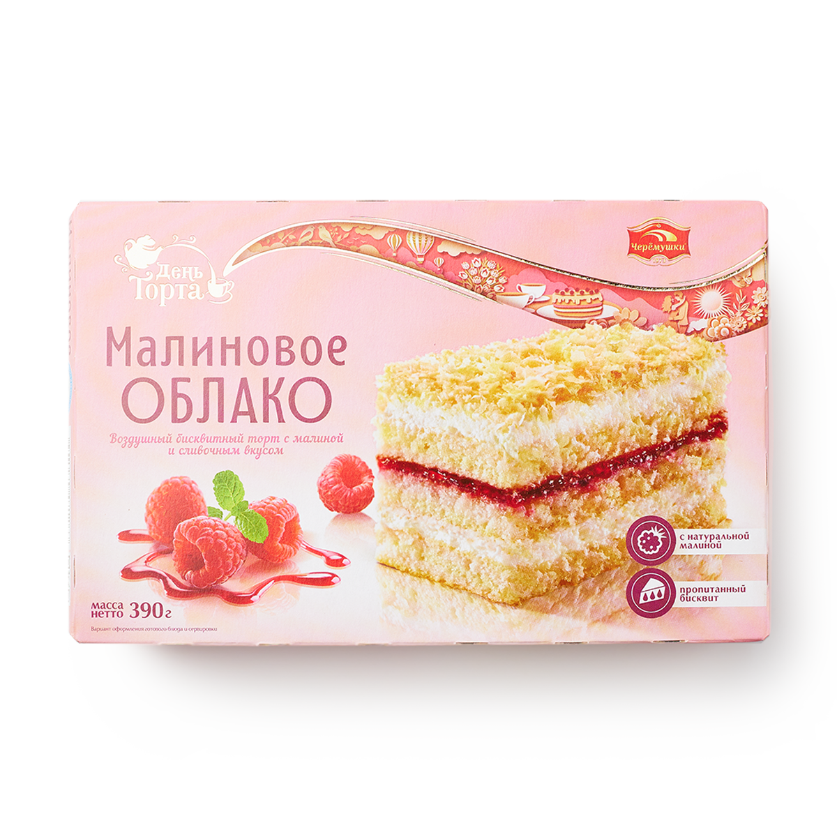 Изображение товара Торт бисквитный Малиновое облако «Черемушки» с малиной и сливочным вкусом 390 г