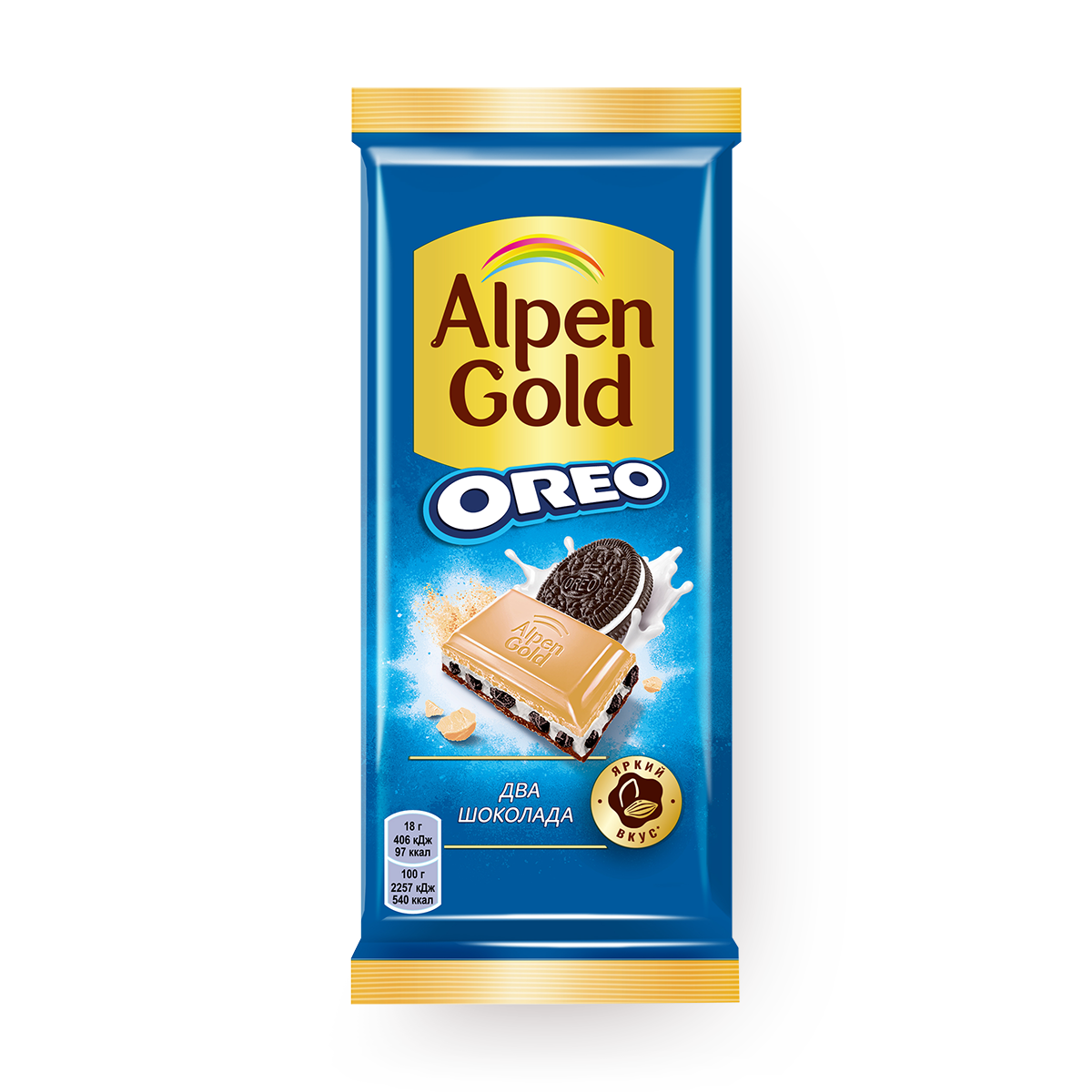 Изображение товара Шоколад молочный Alpen Gold Два шоколада с белым шоколадом, ваниль с кусочками печенья Oreo 85 г