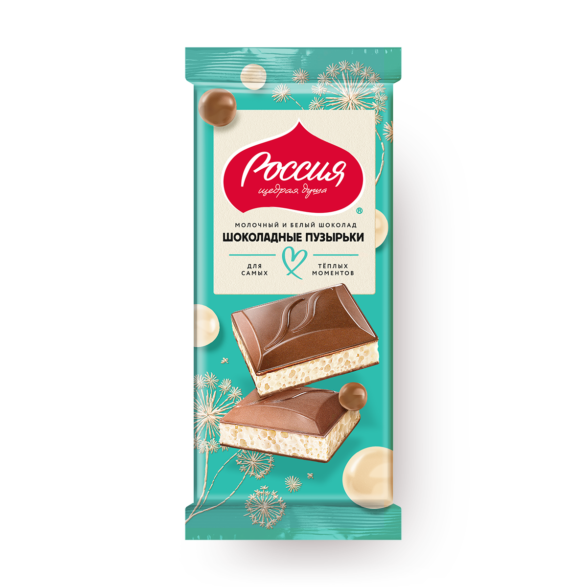 Изображение товара Шоколад молочный и белый пористый «Россия - щедрая душа!» Шоколадные пузырьки 70 г