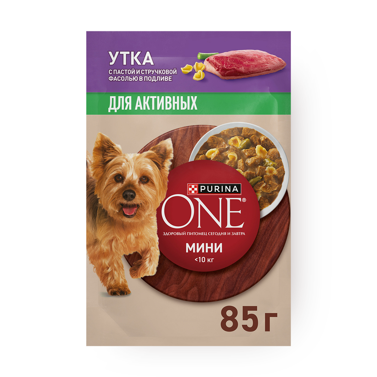 Изображение товара Влажный корм для взрослых собак Purina One Мини c уткой, пастой и стручковой фасолью в подливе 85 г