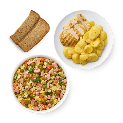 Отбив­ные из курицы, карто­фель, Оливье, хлеб