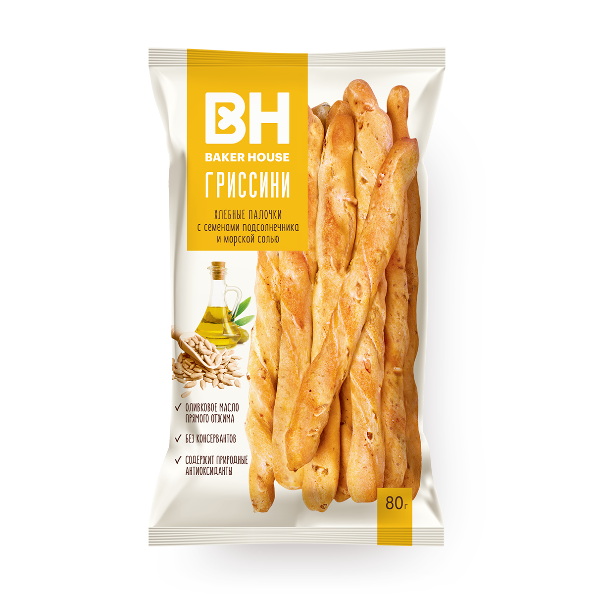 Изображение товара Палочки хлебные Гриссини Grissini Baker House с семенами подсолнечника и морской солью 80 г