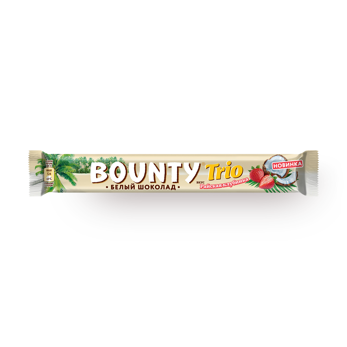 Изображение товара Батончик шоколадный Bounty Trio Райская клубника в белом шоколаде с мякотью кокоса 78 г