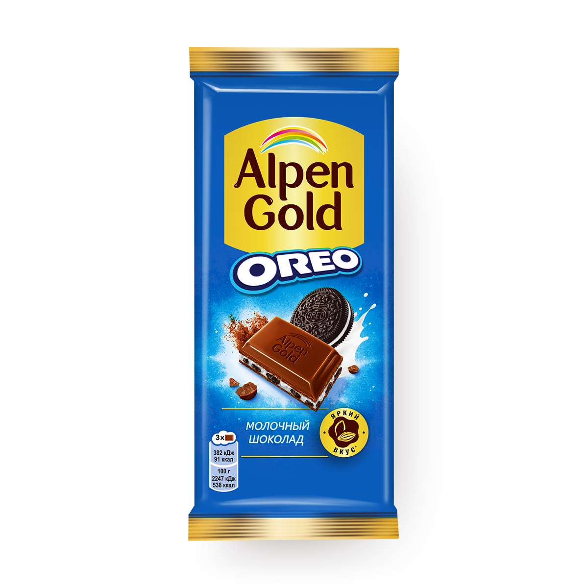 Изображение товара Шоколад молочный Alpen Gold Oreo с начинкой со вкусом ванили и кусочками печенья 85 г