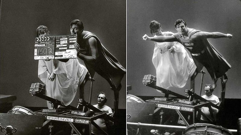 Марго Киддер и Кристофер Рив на съемках фильма Ричарда Доннера «Супермен»