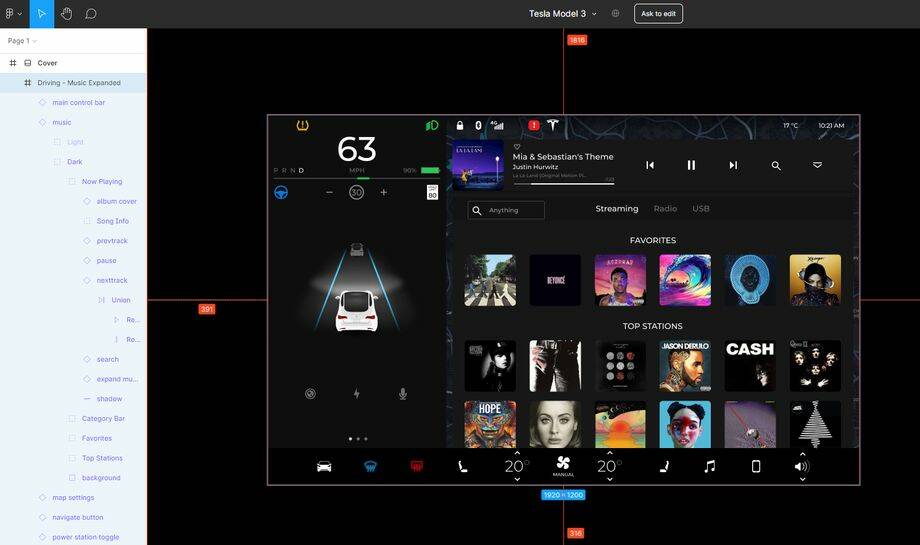 Интерфейс Tesla Model 3 в фигме