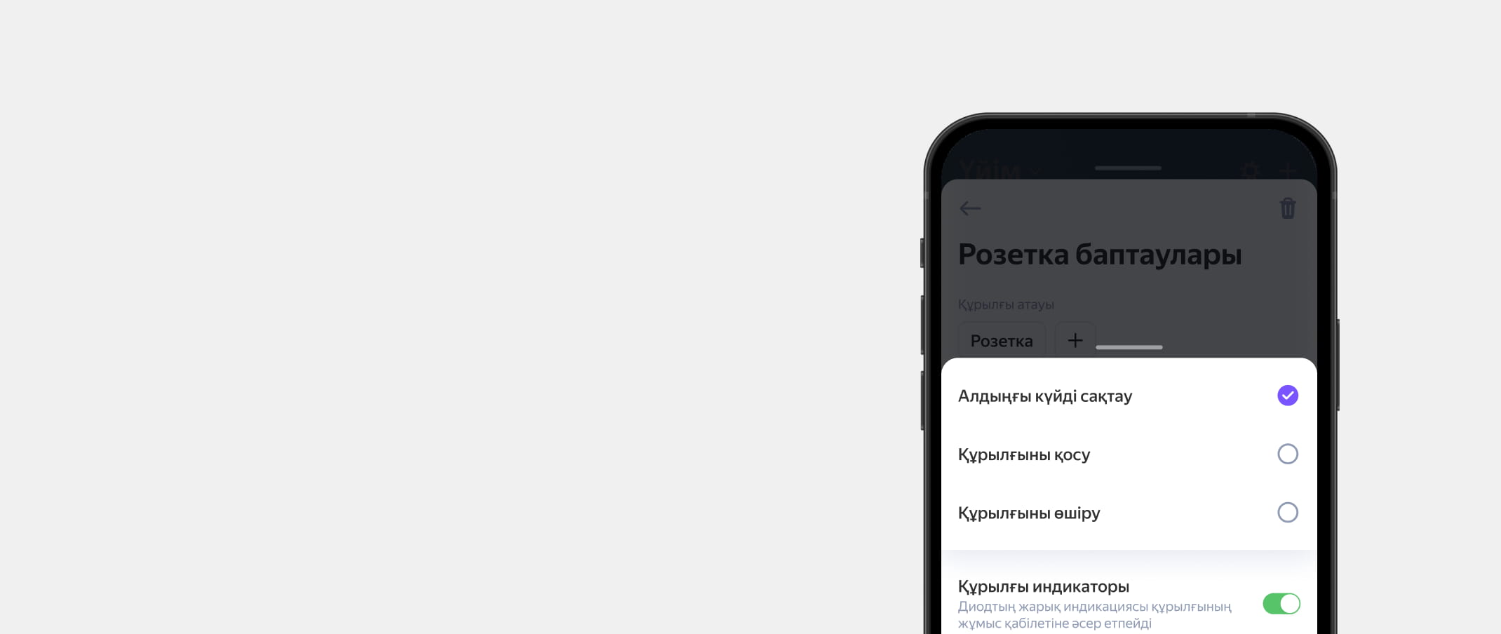 Экран телефона с настройками умной розетки