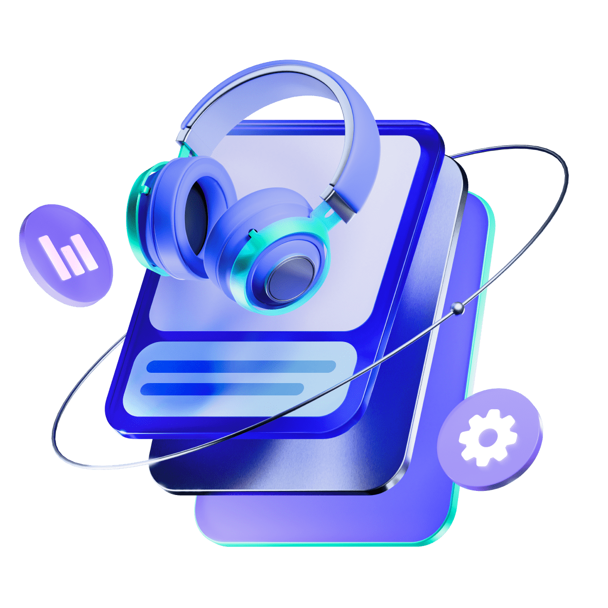 Изображение с наушниками, иконками документа, статистики и настроек.