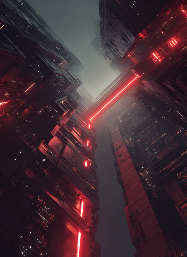 Futuristic cityscape with tall metallic buildings, red neon lights, and a bridge-like structure connecting them