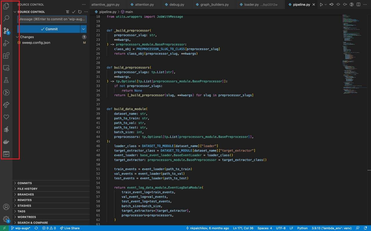 В самой левой части экрана VS Code находится панель управления