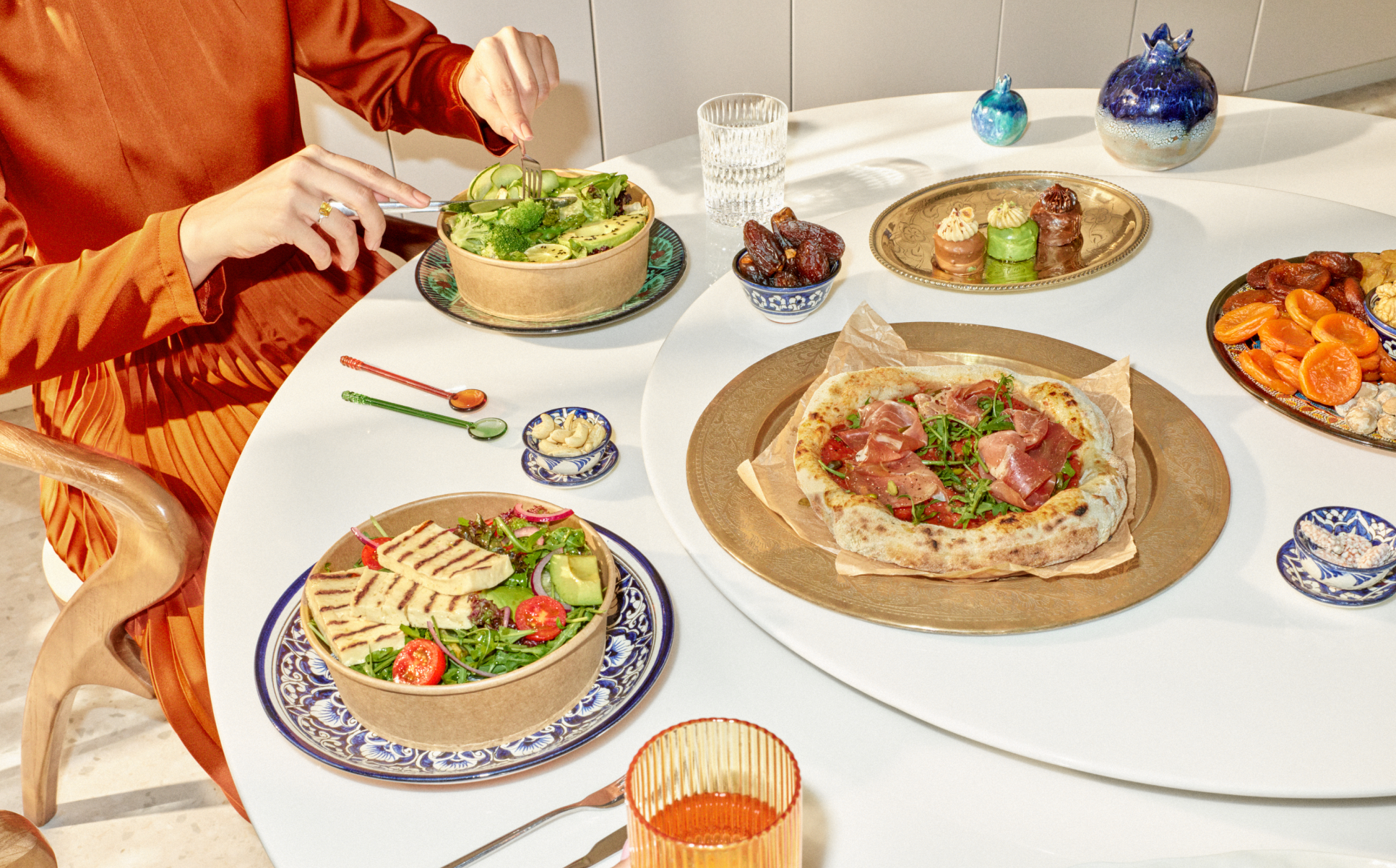 An dining table set with exquisite dishes
