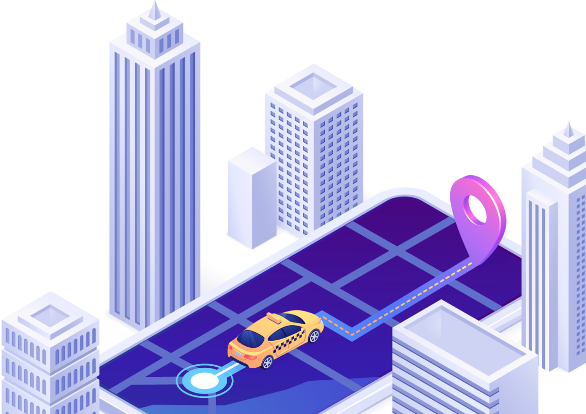 Иллюстрация едущей по городу машины