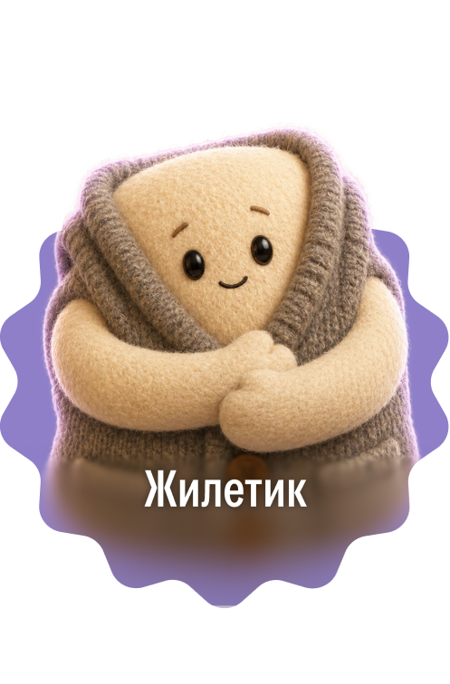 Плюшевая фигурка в виде треугольного персонажа с большими чёрными глазами и лёгкой улыбкой, укутанного в серый вязаный жилетик, с скрещёнными руками. Подпись: «Жилетик»