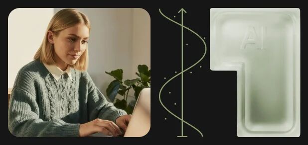 Девушка в свитере работает за ноутбуком, справа — спираль и полупрозрачная фигура с надписью «AI»