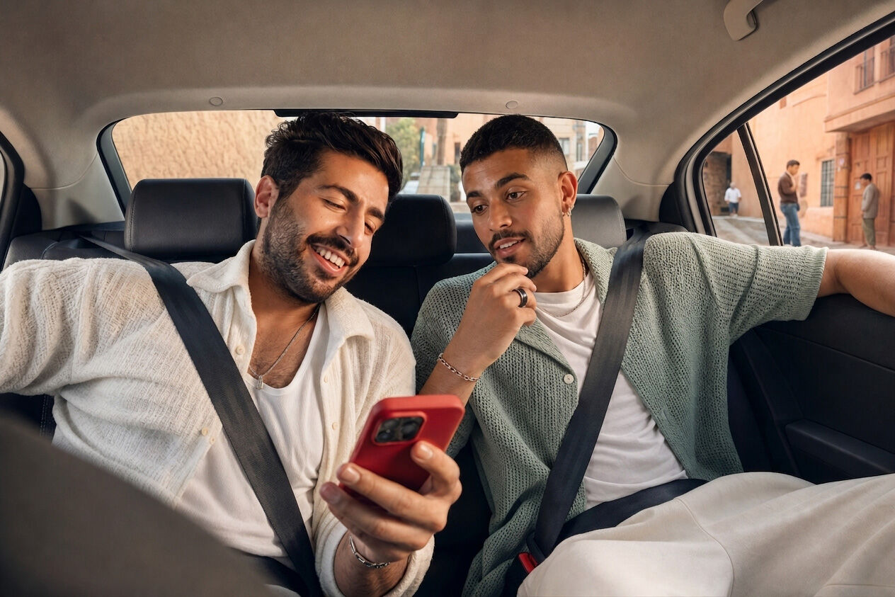 Dos hombres en asientos de coche, uno sostiene teléfono rojo, ambos con cinturones de seguridad, ropa informal, sonriendo.