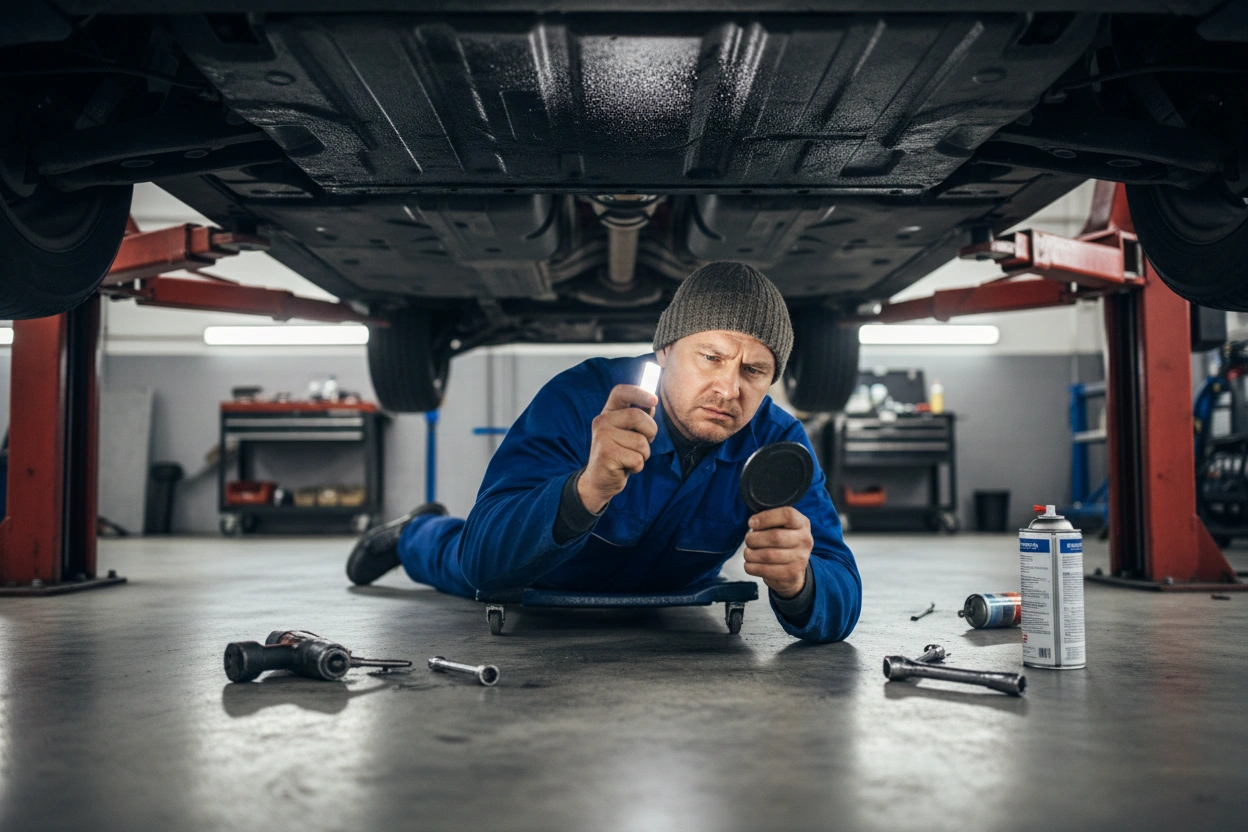 A slavic person mechanic in workwear, lying on a creeper under the car, examining anticorrosion coating with a mirror and light, attentive expression, tools beside him, clean workshop floor