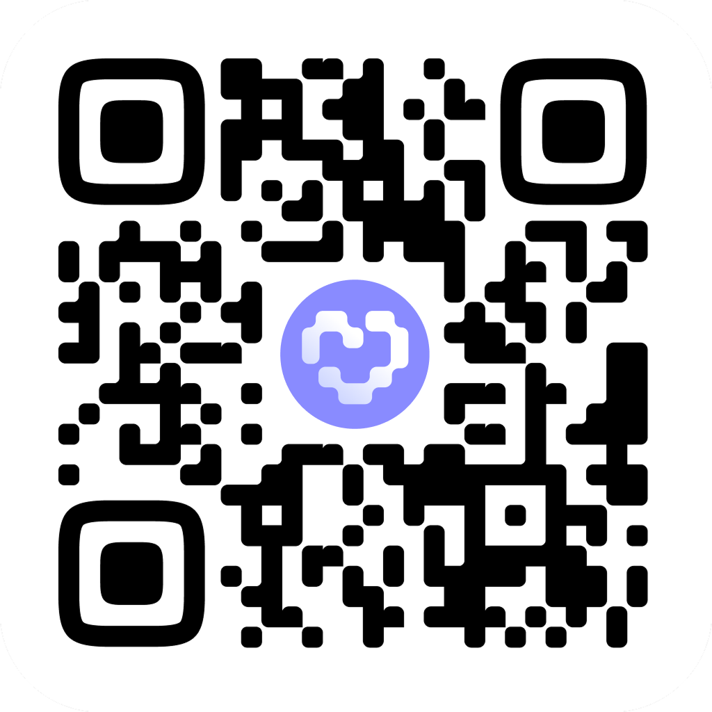 QR-код с фиолетовым логотипом в центре, напоминающим стилизованное сердце или облако
