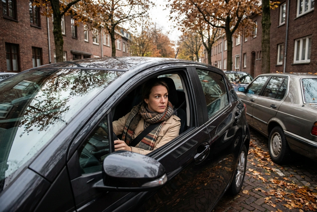 A slavic woman 28 years old, wearing light coat and scarf, sitting in compact car, carefully maneuvering backward between two parked sedans on street parking, focused expression, checking mirrors, autumn city street with fallen leaves. neutral lighting, professional photography. wide camera lens, normal white balance, sharp edges.