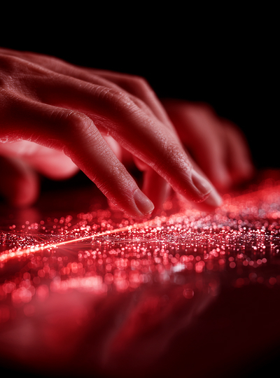 Black hexagonal grid with red backlight, vertical glowing red-yellow line