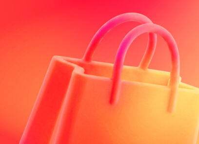 3D shopping bag with pink handles, gradient orange-yellow background