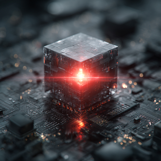 Transparent metallic cube with glowing red core on circuit board