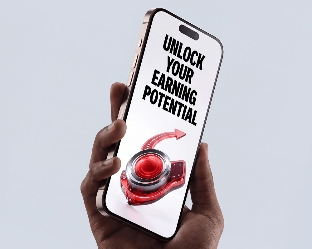 Phone screen displays motivational slogan about unlocking earning potential, accompanied by futuristic red circular device with arrow