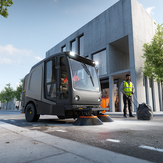 Street sweeper vehicle with worker in safety vest, holding trash bag