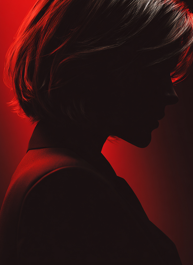 Silhouette of a woman with short hair against red background