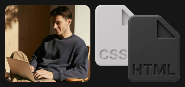 Мужчина с ноутбуком, иконки файлов CSS и HTML