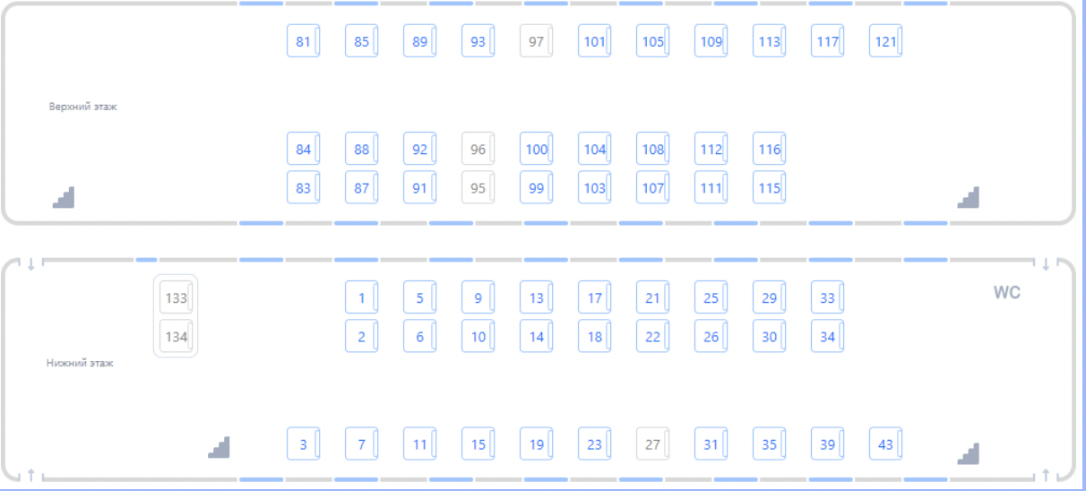 Пример расположения мест в двухэтажном поезде Москва — Воронеж