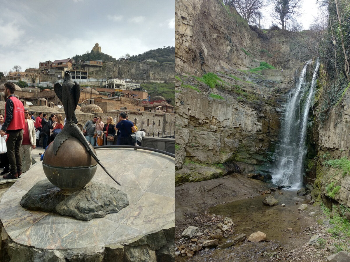 Памятник фазану из легенды об основании города и водопад в центре города