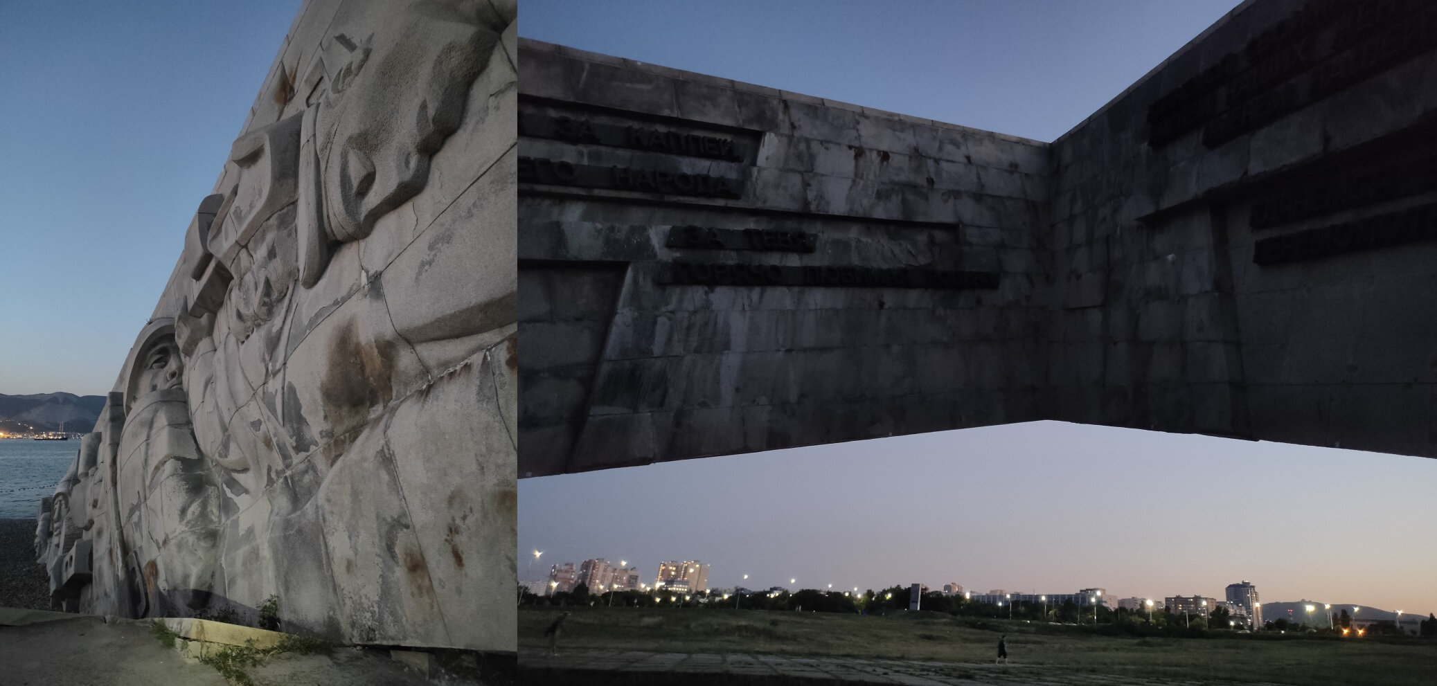 Памятник сделан в форме носовой части военного корабля, на нём стоят солдаты морского десанта