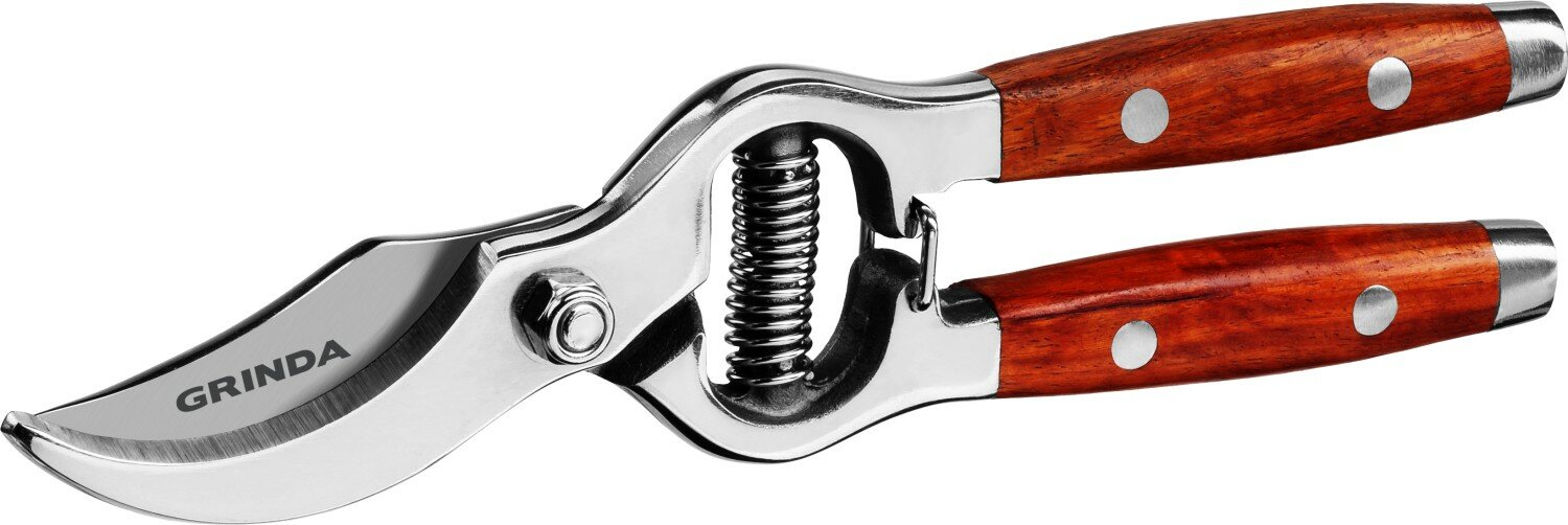 фото GRINDA P-15, 210 мм, нержавеющая сталь, с деревянными рукоятками, цельнокованый плоскостной секатор, PROLine (423415)