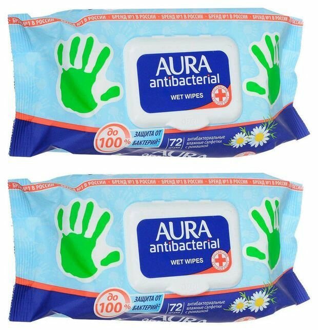 Aura Влажные салфетки антибактериальные Derma Protect Ромашка, big-pack с крышкой, 72 шт/уп, 2 уп