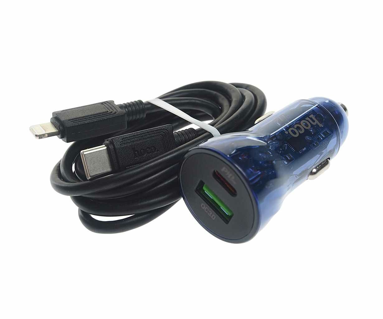 Устройство зарядное в прикуриватель 1USB 12V кабель iPhone (5-), Z47A blue, HOCO