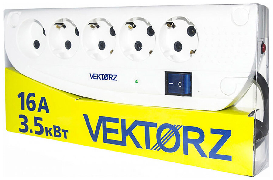 Сетевой фильтр Vektor Z, 4 роз. c/з, 1 роз б/з, 5,0м (3,5кВт, 16А), белый