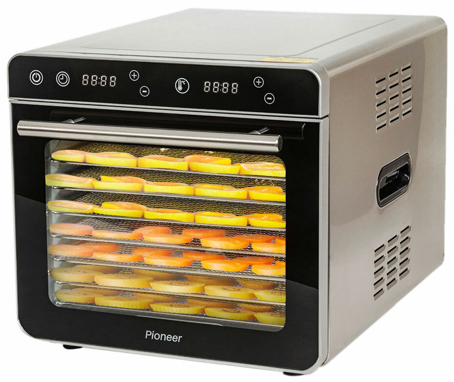 Сушилка для овощей фруктов мяса Pioneer в двухслойном корпусе с 8 поддонами и лотком для пастилы LCD дисплей таймер 20 л 900 Вт