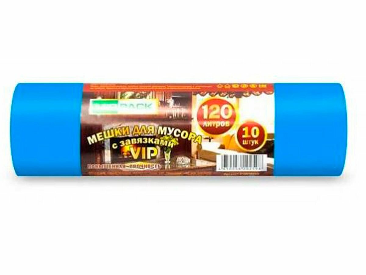 фото Мешки для мусора 120л 15мкм Вип в рулоне 10шт с Завязками, синие
