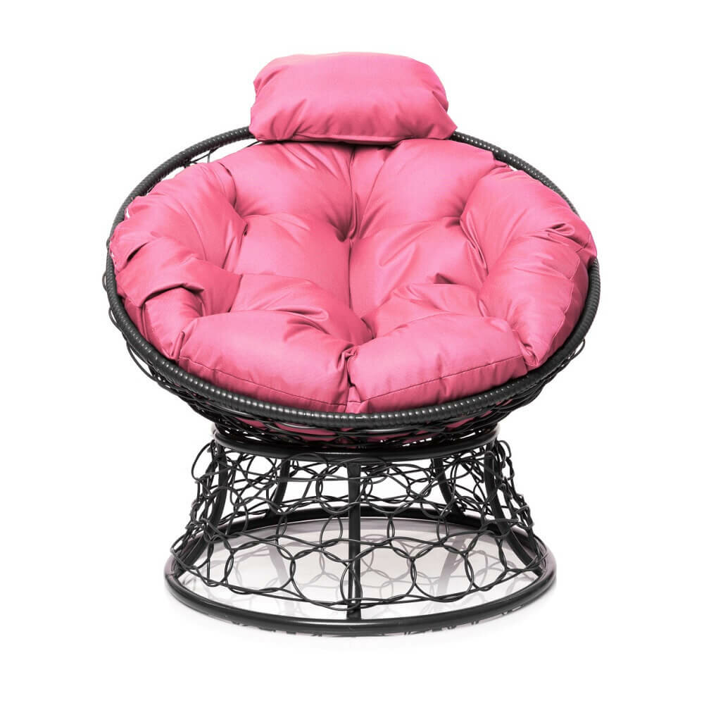 Кресло "Папасан" мини с ротангом серое / розовая подушка M-Group